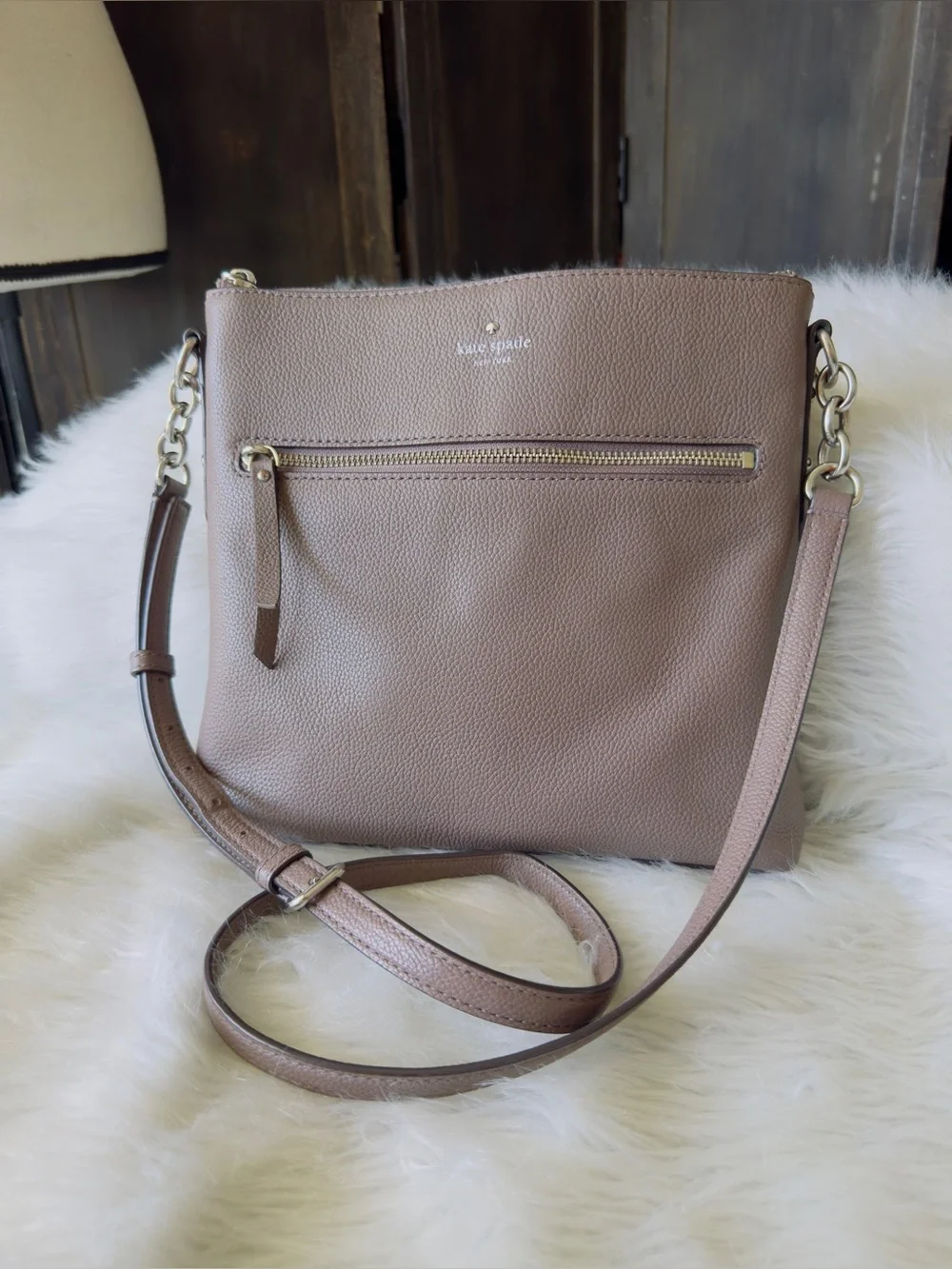 Kate Spade Pebbled Leather Crossbody Bag Medium Taupe Brown Shoulder Purse